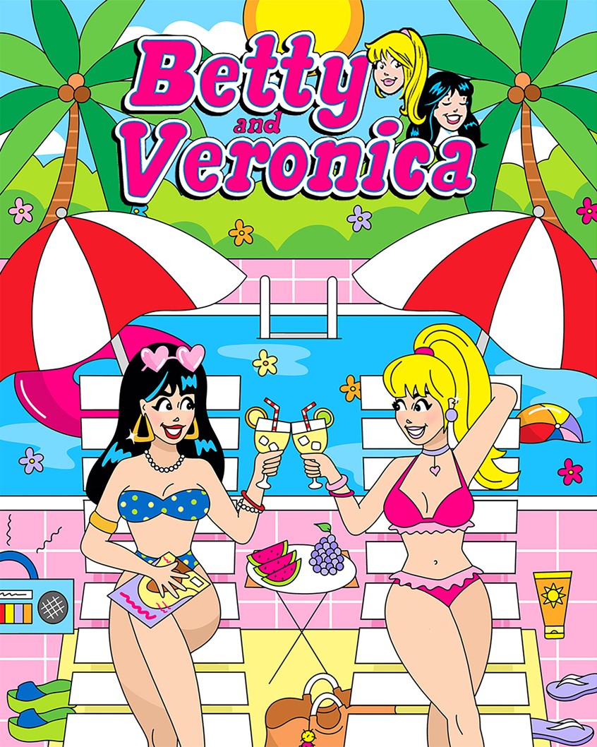 illustration of Cartoon of women on vacation by the pool in summer, Betty and Veronica, Archie comic, summer vacation, tropical, ladies, fun, drinks, lounging, relaxing, 90s, 2000s, retro, fun, bright, pop art, playful, digital illustration, funky, fan art, women, girls, fashion, beauty, characters, outdoor, girly