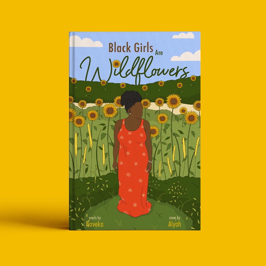 illustration of Black woman outside in field of sunflowers book cover illustration and design for a book of poetry, African American, outdoor, landscape, flowers, floral, nature, bright colors, simple illustration, editorial, book cover, boho, natural, good vibes, character, grass, outside, earthly, relaxing, flat illustration, vibrant, uplifting, typography, woman, girl