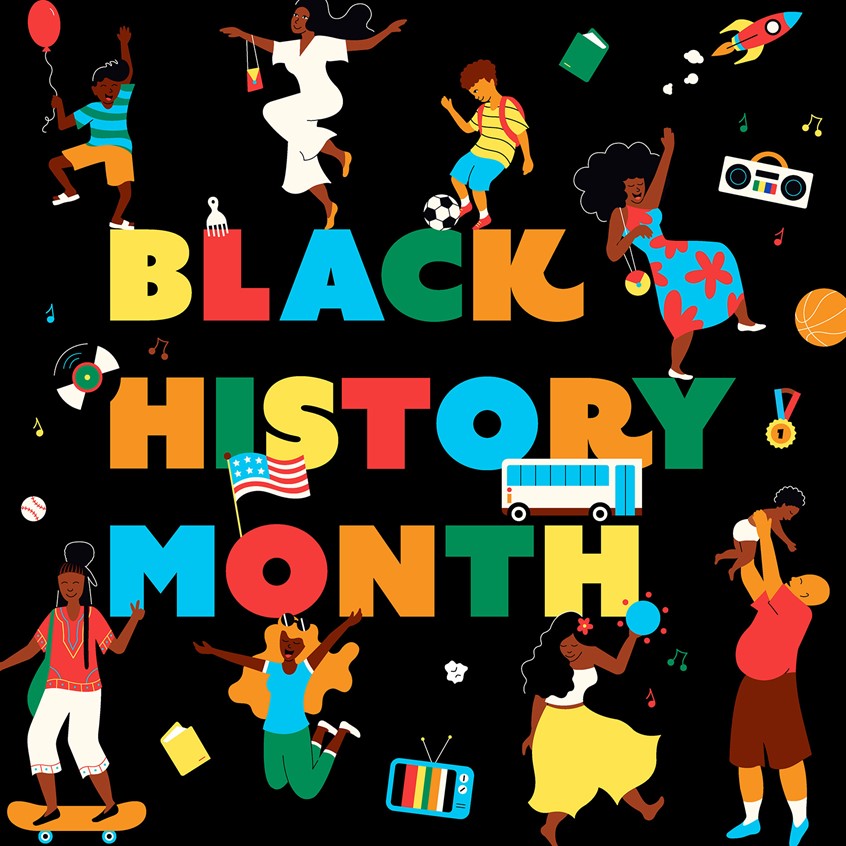 illustration of Black History Month lettering surrounded by characters dancing and celebrating black culture, collage, African American, character illustration, sports, music, history, education, typography, vector art, bright colors, inventions, pop art, colorful