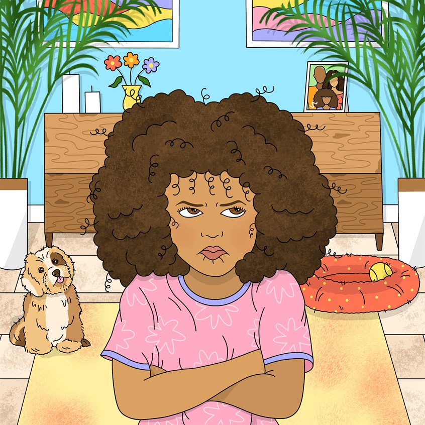 illustration of Frustrated upset girl with arms crossed and curly afro inside home, childrens book illustration, children's book, kids book, black hair, curly hair, kid, children's book, editorial, puppy, home, interior design, room, family, plants, colorful, uplifting, cute, lively, endearing, kids book, child, kid, afro