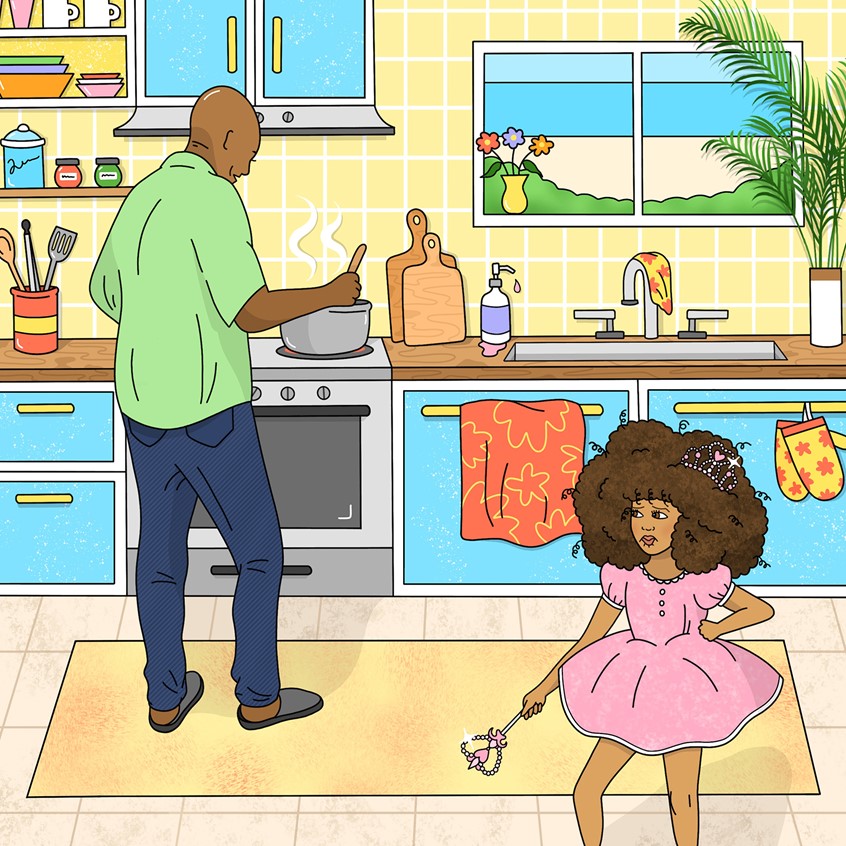 illustration of Little girl with afro in princess outfit talking to father in the kitchen while cooking, black family, family, curly hair, children's book, children's book illustration, child, kid, father, dad, kitchen, interior, room, interior design, retro, whimsical, playful, bright, vibrant, cheerful, cute, tropical, beach, editorial, children's illustration, room design, texture, princess, afro