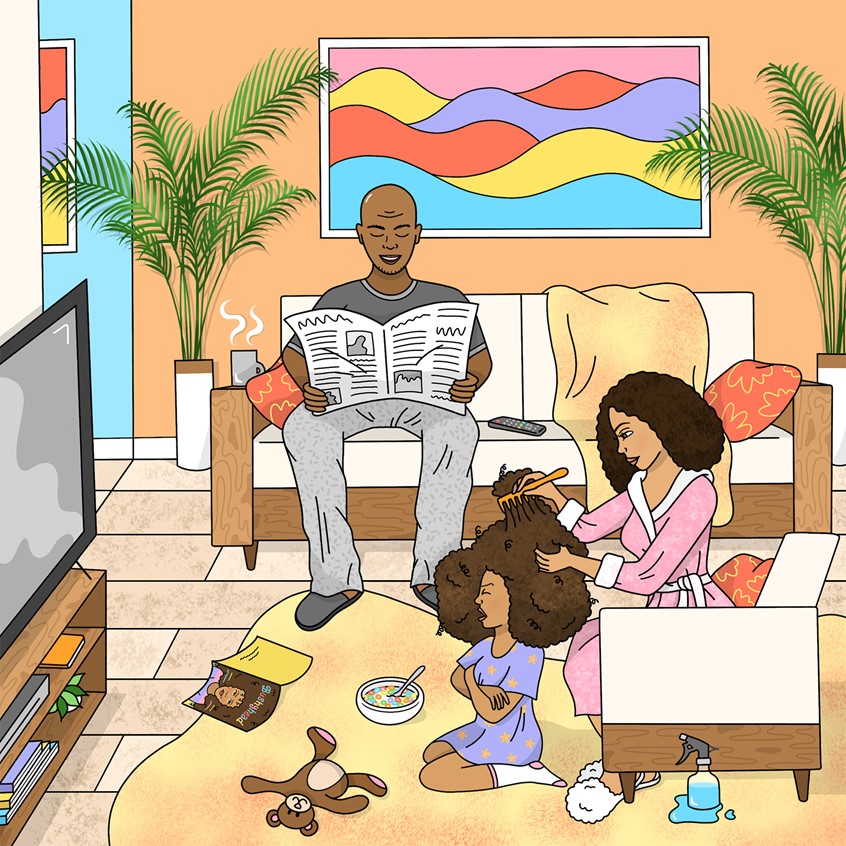 illustration of Family sitting in living room mom brushing little girl's afro hair, African American, curly, black hair, family, morning routine, hair-brushing, cereal, mixed family, diverse, kids, children's book, childrens book illustration, kid, child, kids book, light hearted, warm, colorful, feel good, self love, newspaper, interior room, children story