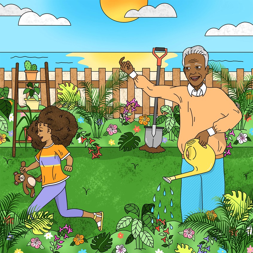 illustration of Little girl playing in a colorful green garden with grandfather watering the plants, children's book, children's book illustration, child, kid, playful, garden, flowers, foliage, botanical, beach, sunset, whimsical, fun, running, playing, family, feel-good, leaves, plant, bright color, pastel