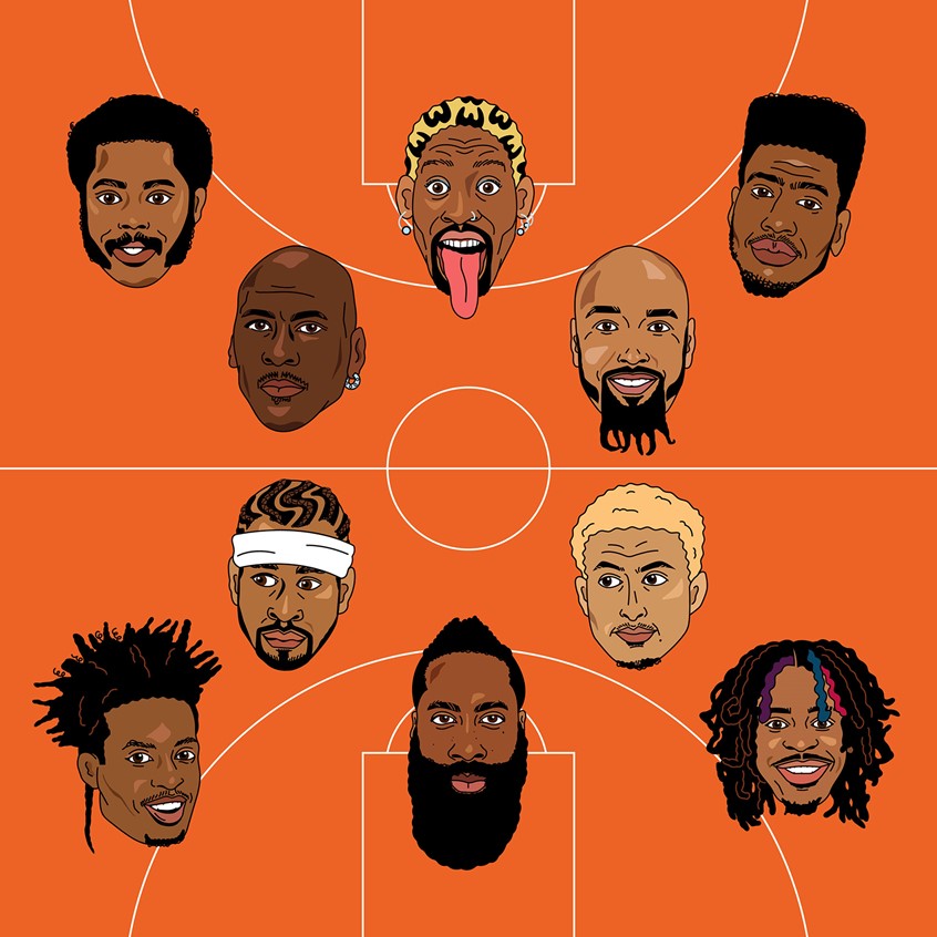 illustration of NBA player portraits, black hair in the NBA, hairstyles, basketball, NBA, portraits, people, Dennis Rodman, Iman Shupert, Michael Jordan, James Harden, Allen Iverson, Ja Morant, basketball court, afro, beard, braids, black hair, African American, characters, basketball, sports, health