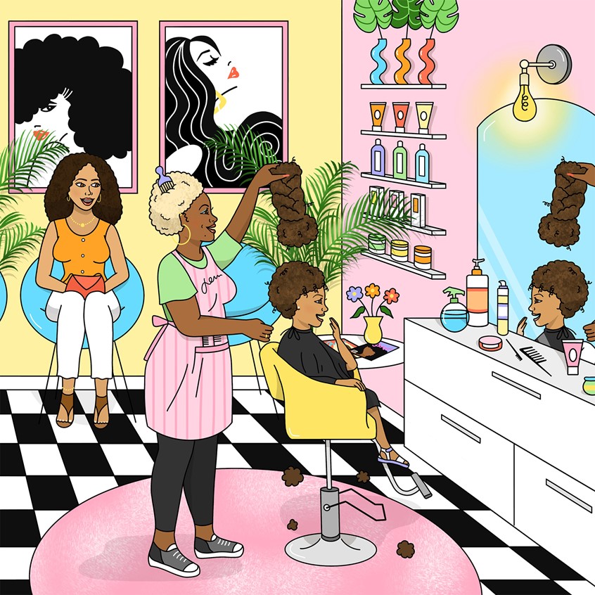illustration of Little black girl with afro getting hair cut at the salon, children's book, childrens book illustration, kids book, editorial. family, black hair, curly hair, hair salon, hairdresser, interior room, design, feel good, good vibes, cute, retro, fun, playful, kids salon, haircut, whimsical, inviting, child, kid, hair, background setting