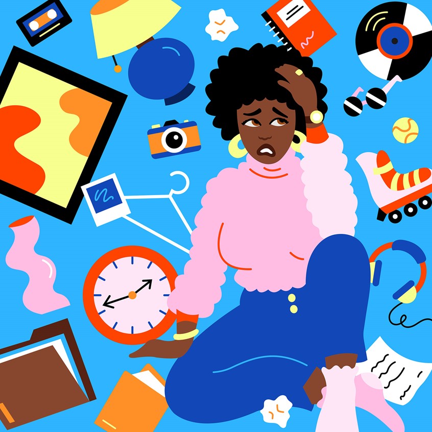 illustration of Black woman stressed surrounded by clutter of hoarded objects, organization, clutter, woman, girl, editorial, hoarding, collage, bright color, vibrant, fun, playful, character, article, magazine, vector illustration