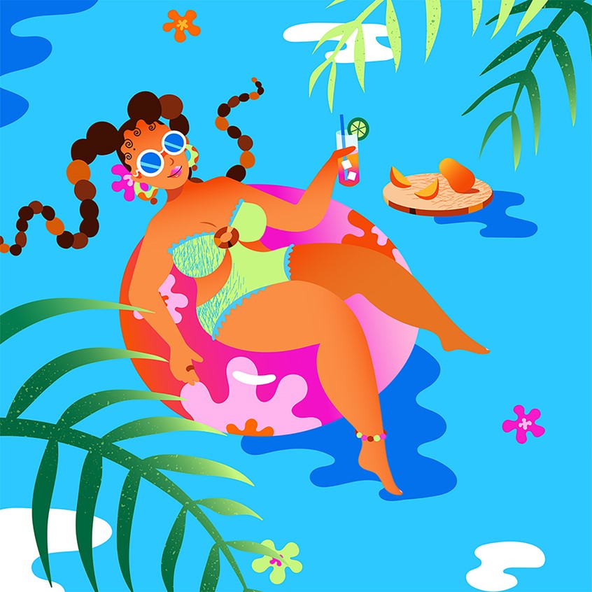 illustration of Stylish black girl floating in pool tube in the water, tropical, scenery, ocean, woman, black, hair, braids, palm tree, summer, vacation, relaxing, scenery, foliage, fashion, beauty, bright, vector, vibrant, fruit, drink, gradient, texture, flat illustration, girl, character, good vibes