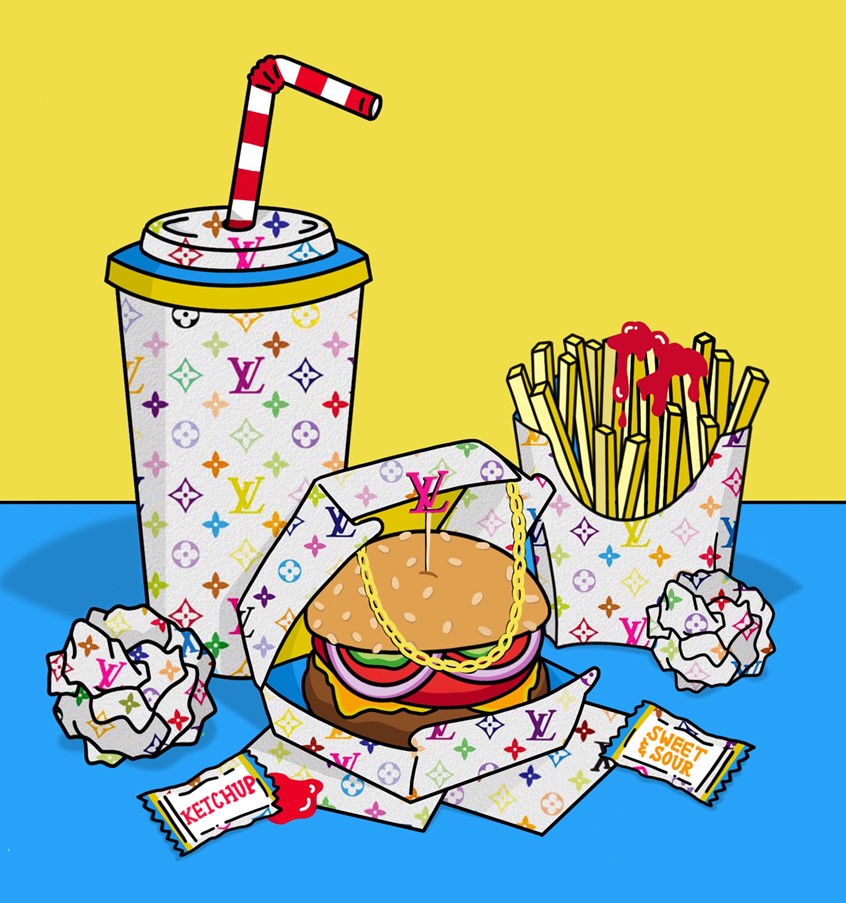 illustration of Pop Art inspired illustration of fast food with Louis Vuitton designer branding, pop art, fast food, burger, fries, fashion, drink, Louis Vuitton, designer, beauty, high fashion, food, colorful, bright, funky, commercial illustration, editorial, concept, conceptual, concept art, fun, playful, branding, packaging, package design, jewelry, accessories