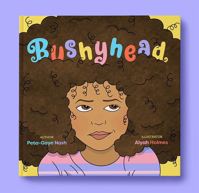 illustration of Children's Book cover illustration little black girl with curly afro hair, children's book, child, kid. curly hair, afro, typography, book cover, book design, editorial illustration, kids, colorful, whimsical, playful, curls, texture, portrait, face, design, flat illustration
