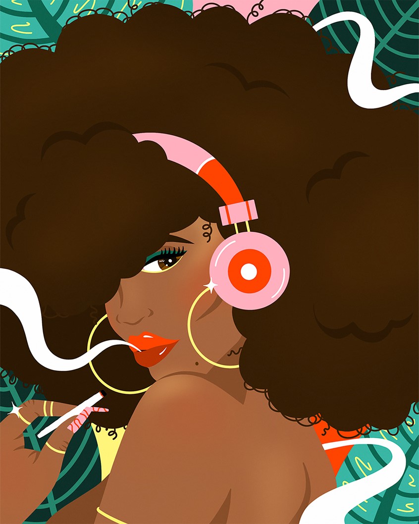 illustration of Black girl with curly afro and headphones listening to music and smoking, woman, girl, music, smoking, weed, tropical, leaves, blowing smoke, fashion, beauty, lifestyle, hair, vibes, portrait, girl, African American, bright, pop art, vibrant, texture, art, flat illustration, fun, edgy, makeup, jewelry