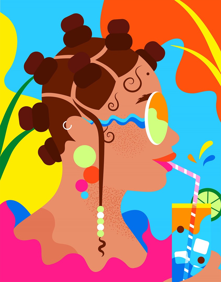 illustration of Stylish Woman with sunglasses and jewelry drinking from a straw, black woman, girl, drink, fruit, jewelry, funky, hair, abstract, tropical, beads, baby hair, bright color, vector, pop art, plants, hot, summer, hydrate, beauty, fashion, makeup, fruity, tropical, product, commerical illustration, vector art, simple, flat illustration