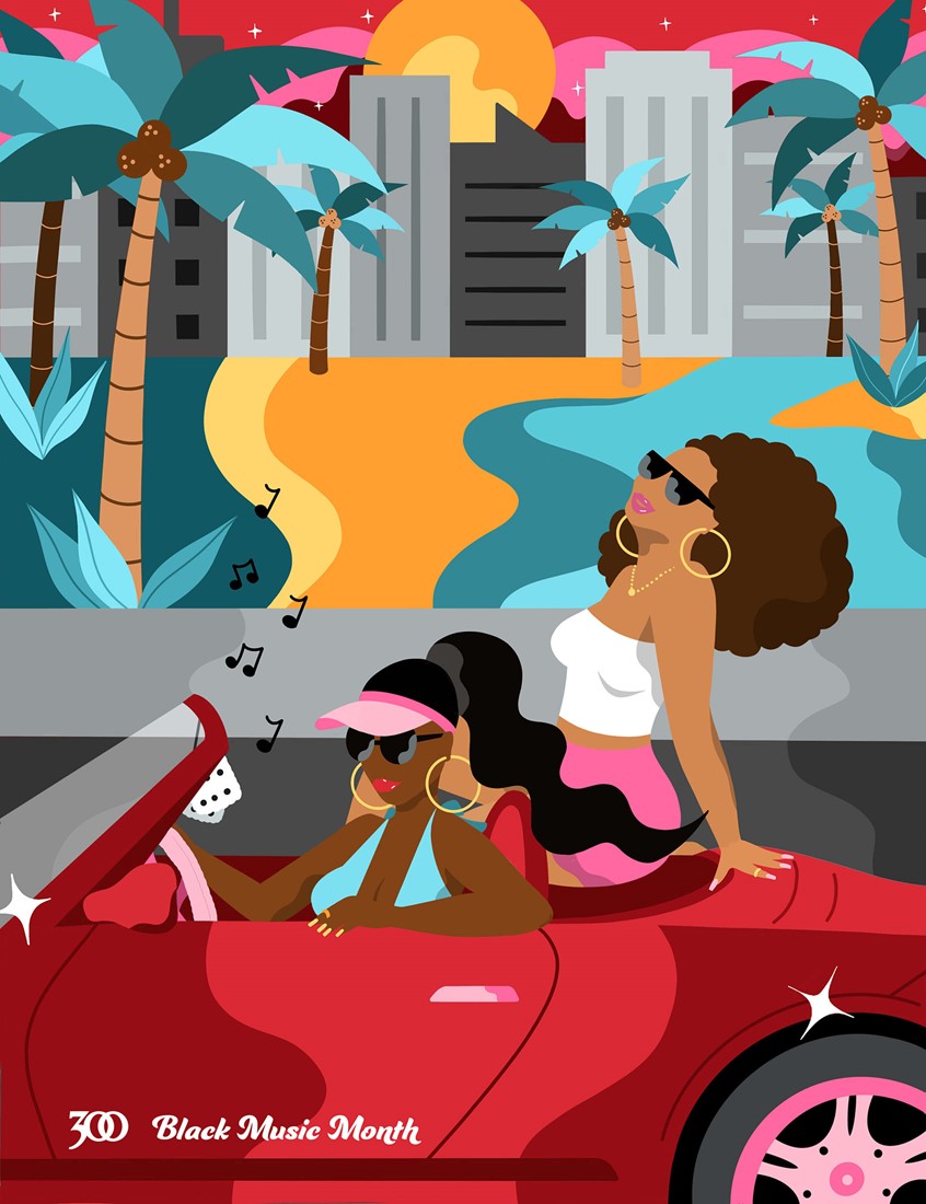 illustration of Editorial illustration of black women in a convertible car listening to music and driving around at sunset, women, girls, convertible, car, music, driving, tropical, city, black music month, fun, ladies, night, good vibes, bright color, landscape, scenery, outdoor, fashion, beauty, stylish, friends, record label, album cover, playlist cover