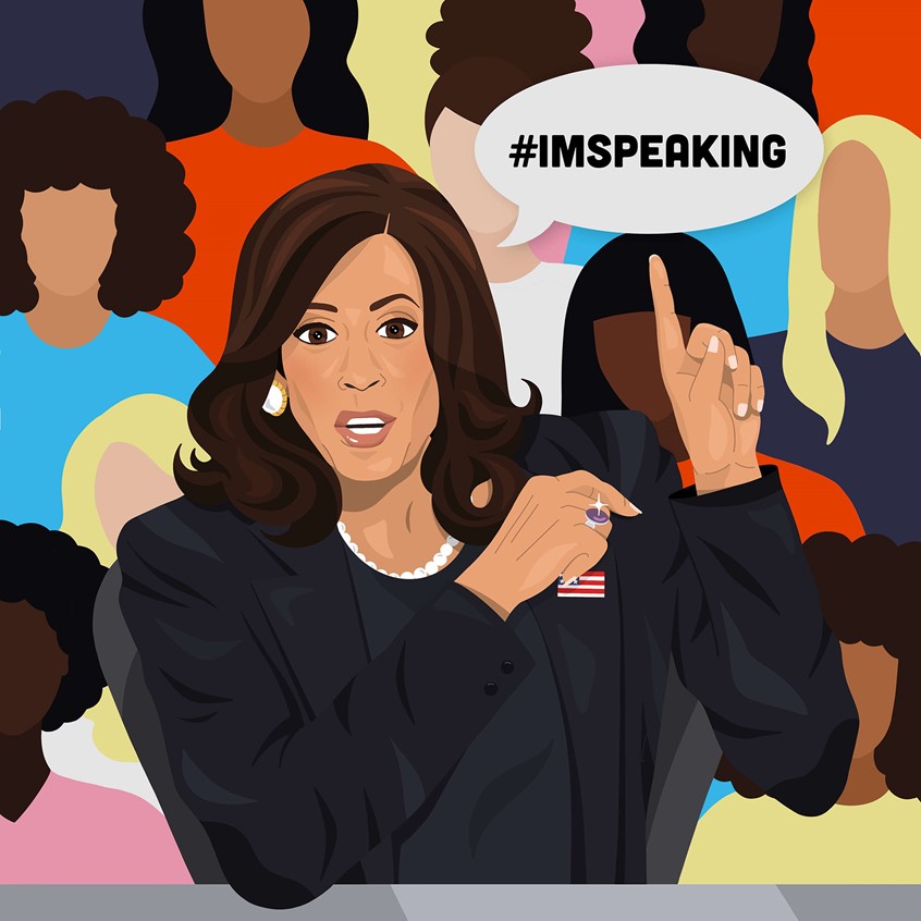 illustration of Kamala Harris at presidential debate pointing up finger saying