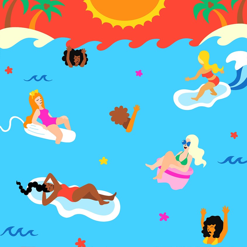 illustration of Conceptual illustration depicting period poverty and inequity through women floating in ocean on menstrual period products, menstrual health day, period poverty, inequity, women, tampon, pad, ocean, tropical, water, diversity, concept, art, bright, pop art, period, girls, health