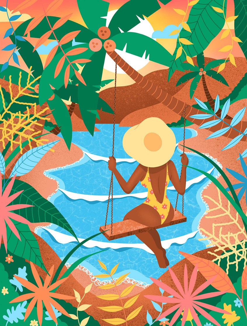 illustration of Black girl swinging on a swing in tropical paradise over the ocean, woman, girl, tropical, beach, island, foliage, flowers, plants, botanical, palm trees, water, texture, scenery, landscape, vacation, swing, colorful, vibrant, good vibes, bright, sunset, swinging, adventure, fun