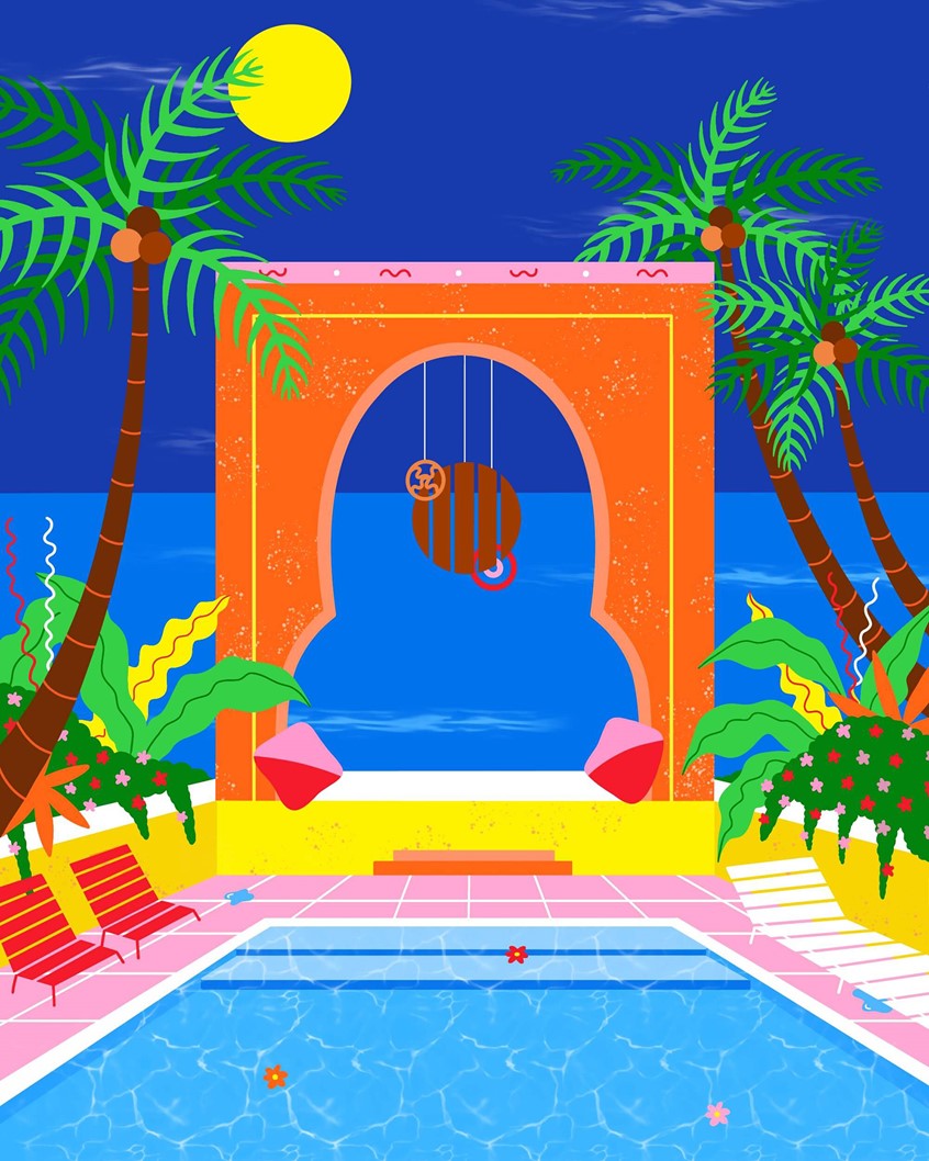 illustration of Tropical landscape view of pool and palm trees over the ocean, pool, ocean, island, tropical, bright color, vibrant, pop art, palm trees, foliage, plants, beach, flowers, lounge, backyard, outdoor, outside, sky, design, flat illustration, scene, design, whimsical, good vibes