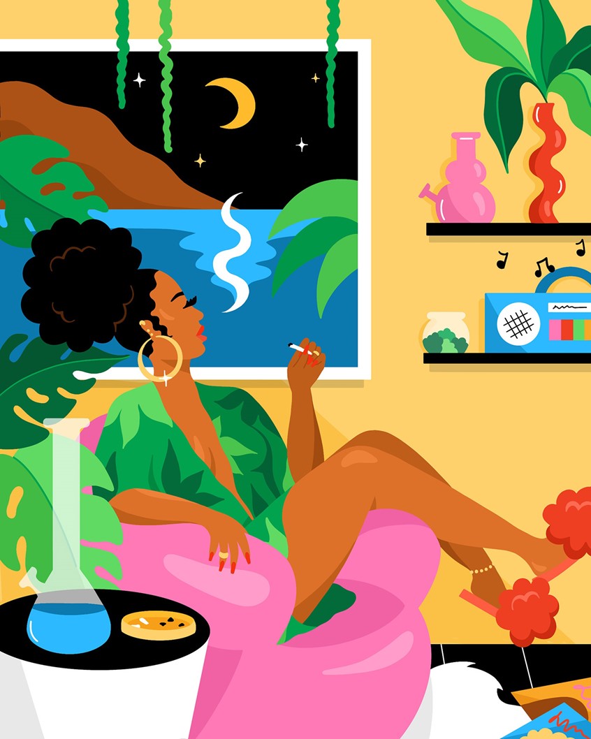 illustration of Woman smoking in a funky colorful room by the window on an island, black girl, woman, weed, smoking, retro, 2000s, island, room design, coloful, fun, music, lounging, lifestyle, hanging out, tropical, interior design, fashion, beauty, decor, character, girl