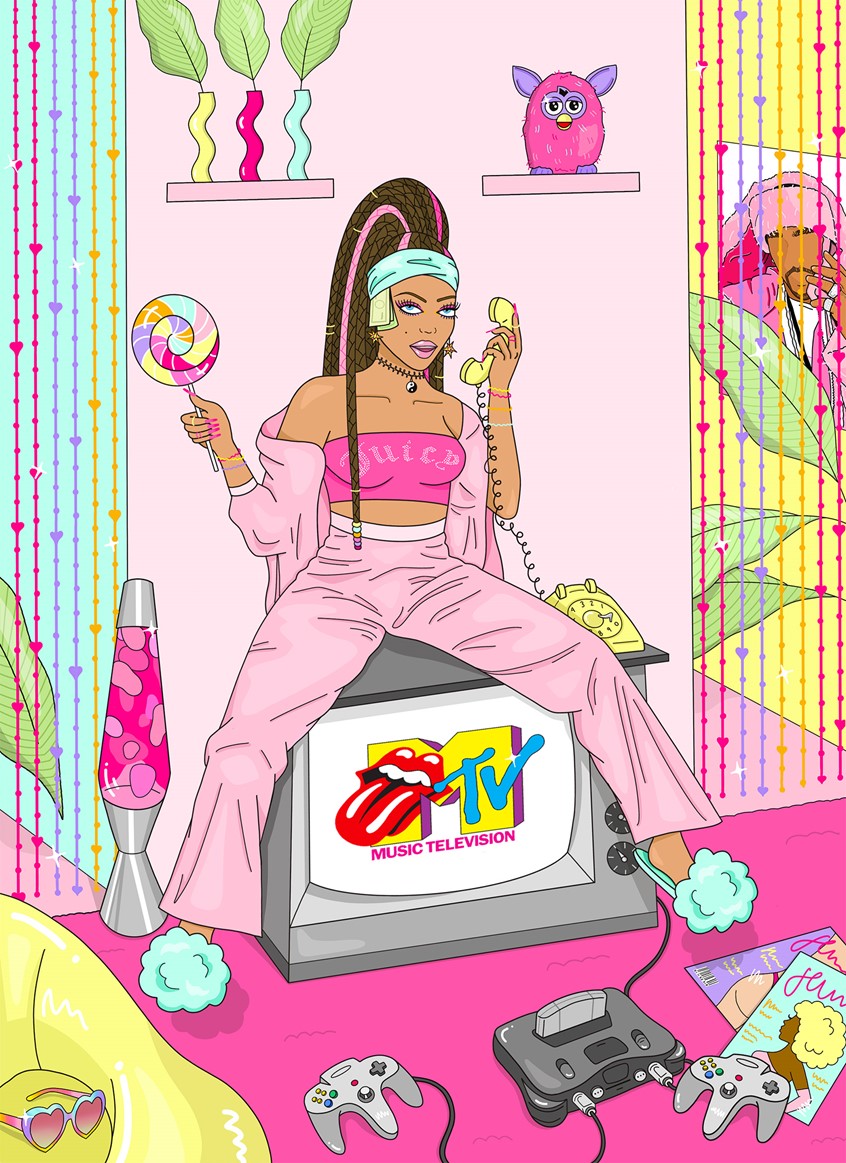 illustration of Stylish retro girl from the 2000's Y2K era sitting on a TV, black girl, braids, woman, girl, lava lamp, juicy, tracksuit, interior design, room, decor, good vibes, colorful, funky, fun, vibrant, accessories, fashion, beauty