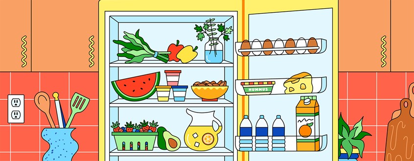 illustration of A fridge full of healthy food and drinks, editorial, health, food, fridge, fruit, vegetables, nutrition, kitchen, bright color, vibrant, flat illustration, retro, playful, fun, vector art, interior, room design, magazine, lifestyle, outline, gif