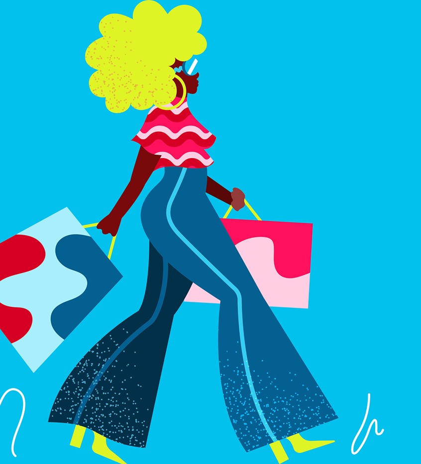 illustration of Black girl with Afro walking and shopping with bags, character, woman, fashion, beauty, bright colors, vector art, flat illustration, editorial, digital, women, girl, lifestyle, vibrant, fun, hair, African American, texture, girl, lifestyle