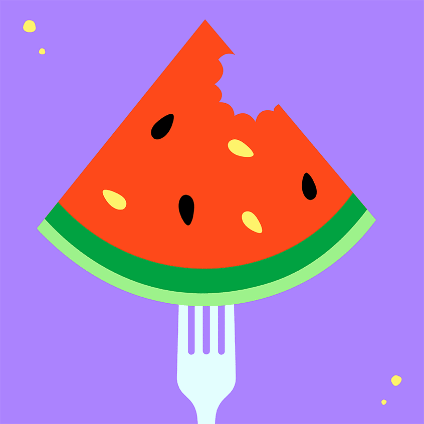 illustration of Healthy foods on fork, vegetables, fruits, nuts, editorial illustration, health, nutrition, berries, avocado, watermelon, mushroom, broccoli, bright color, vibrant, educational, gif, abstract, concept, playful, lively, article, magazine, women's health, foodie