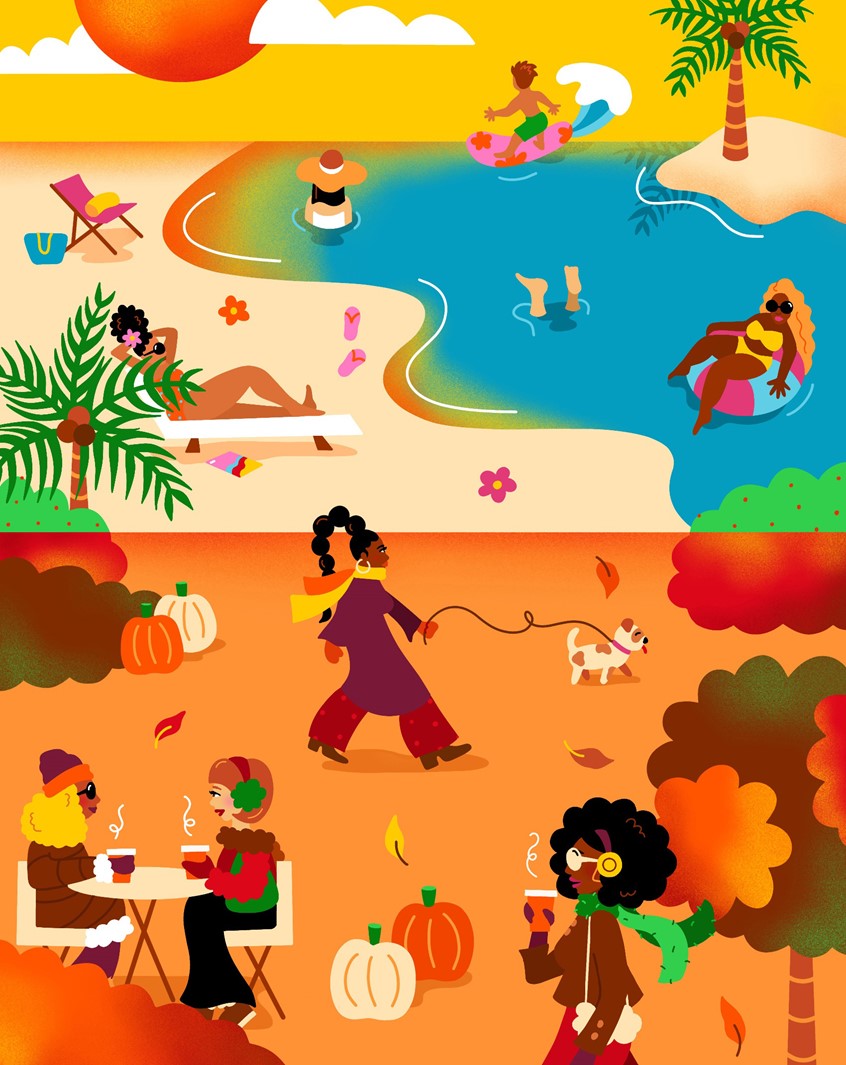 illustration of Colorful nature setting of people outside enjoying summer and fall, fall, autumn, seasons, summer, season, people, character, characters, women, girls, leaves, scenery, nature. landscape, water, sun, dog, pumpkins, community, surfing, beach, relaxing, floating, palm trees, tropical, cozy, warm, vibrant, editorial, illustration, digital art