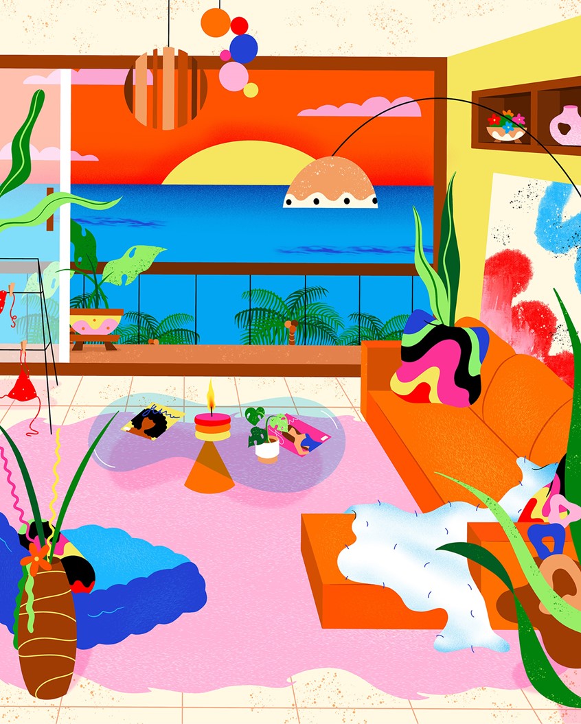 illustration of Funky and colorful room interior condo penthouse with ocean view, room illustration, interior design, decoration, digital illustration, editorial, settings, background, scenery, ocean, living room, home, house, window, room, stylish, fashion, style, beauty, plants, foliage, botanical, couch, carpet, painting, fine art, texture, girly, creative, tropical, summer, beach, palm trees, flowers, sunset, decor, sculpture, art, fun, playful, whimsical