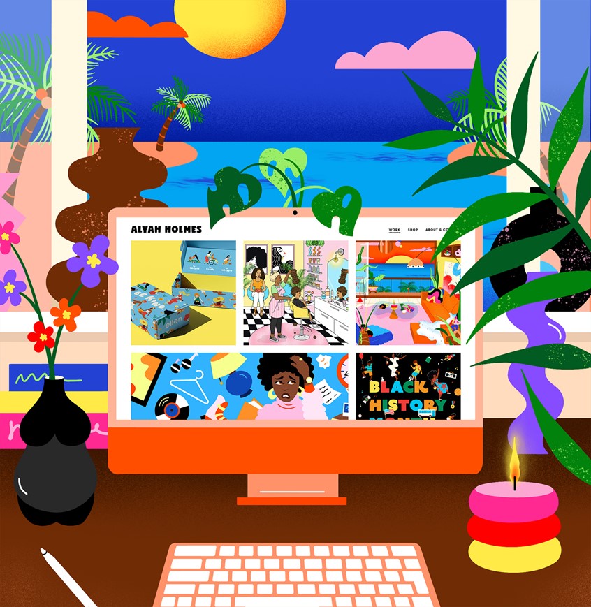 illustration of Personal illustration of work desk with desktop to announce my new portfolio site, studio office illustration with a tropical view, computer, desktop, portfolio, website, home decor, interior, fashion, beauty, plants