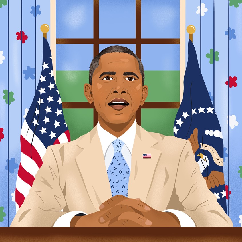 illustration of Portrait of 44th President Barack Obama. Black art, politics, African American, portrait, people, man, interior, Black History Month, President's Day, person, political, figure