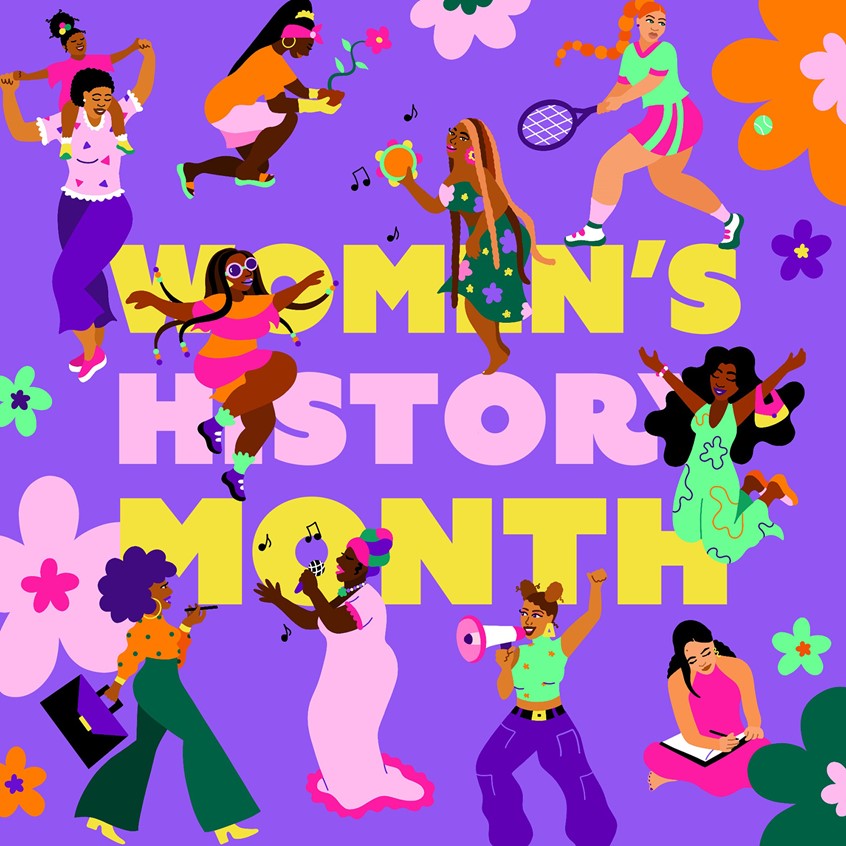 illustration of Typography and characters illustration for Women's History Month. Characters, people, graphic design, women, black art, diverse, fashion, decorative, bright colors, vector, whimsical, flowers, collage, digital art