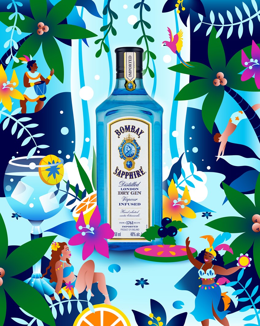 illustration of Advertising Illustration for Bombay Sapphire, inspired by Brazilian summers. People, characters, alcohol, beverage, gin, tropical, Brazil, culture, botanical, water, women, waterfall, colorful, vibrant, commercial illustration