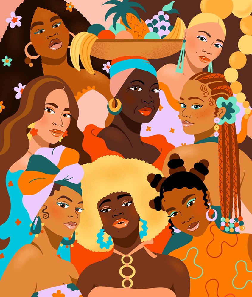 illustration of Collage of women in honor of International Women's Day. Women, diverse, black women, colorful, digital art, afro, fashion, beauty, portrait, people, characters, fruit, Women's History Month, woman