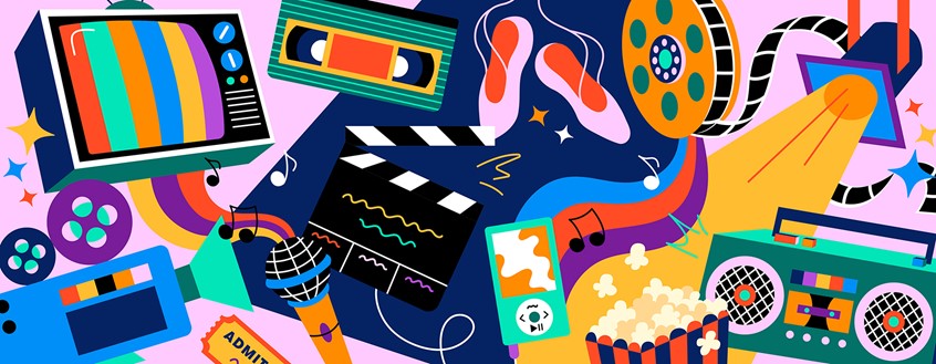 illustration of Editorial illustration for AARP on entertainment and media. Abstract, collage, digital art, movies, music, media, dvd, retro, 80s, 90s, tv, film, boom box, conceptual, microphone, dance