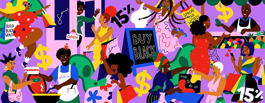 illustration of Editorial illustration for AARP on buying black. Characters, people, shopping, black art, diverse, money, collage, colorful, digital art, shops, conceptual, dancing, people, vector, vibrant, Black History Month