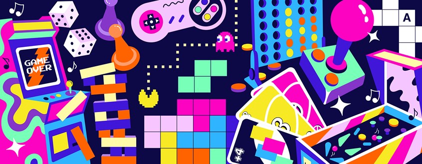 illustration of Editorial illustration for AARP on retro games. Digital art, pop art, colorful, retro, 90s, 80s, tetris, Uno, games, Pacman, Connect 4, video games, controller, pinball, arcade, nostalgia, funky