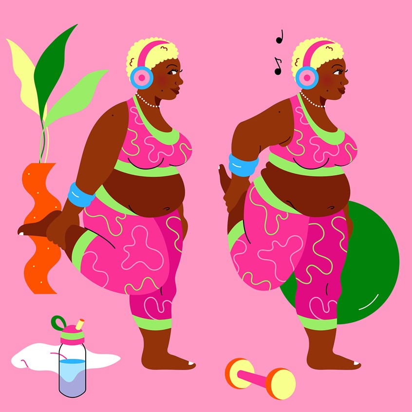 illustration of Two-step stretches for an AARP article on stretches for back pain. Woman, black woman, digital art, fashion, beauty, exercise, health, body, sports, athletic, body positivity, feminine