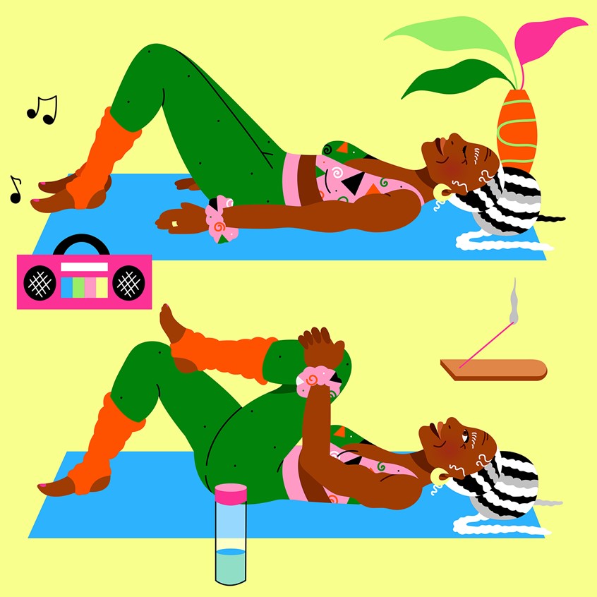 illustration of Two-step stretches for an AARP article on stretches for back pain. Woman, black woman, digital art, fashion, beauty, exercise, health, body, sports, athletic, body positivity, feminine