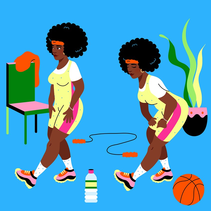 illustration of Two-step stretches for an AARP article on stretches for back pain. Woman, black woman, digital art, fashion, beauty, exercise, health, body, sports, athletic, body positivity, feminine