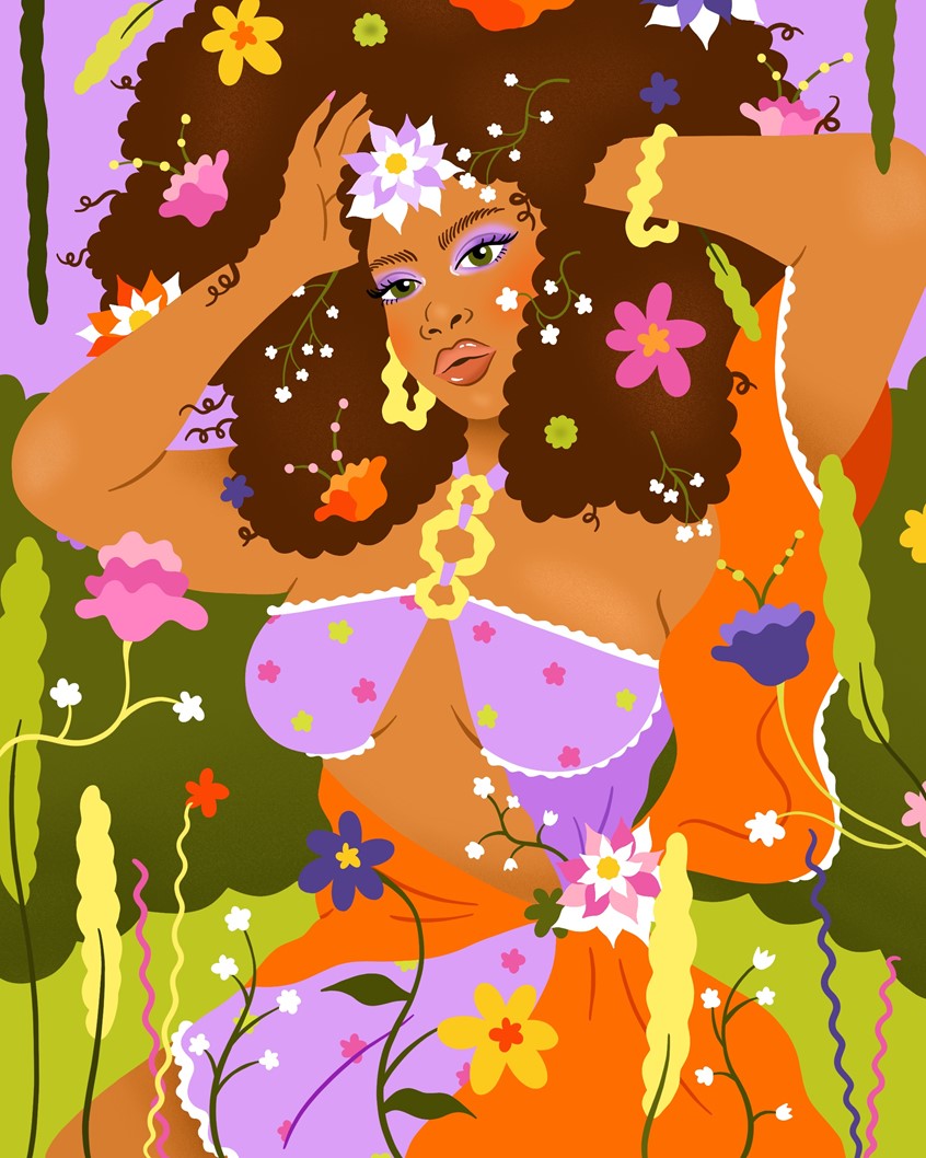 illustration of Personal illustration in celebration of Spring. Woman, spring, flowers, springtime, botanical, tropical, flowery, decorative, black woman, colorful, beauty, fashion, grass, nature, outdoor, sexy