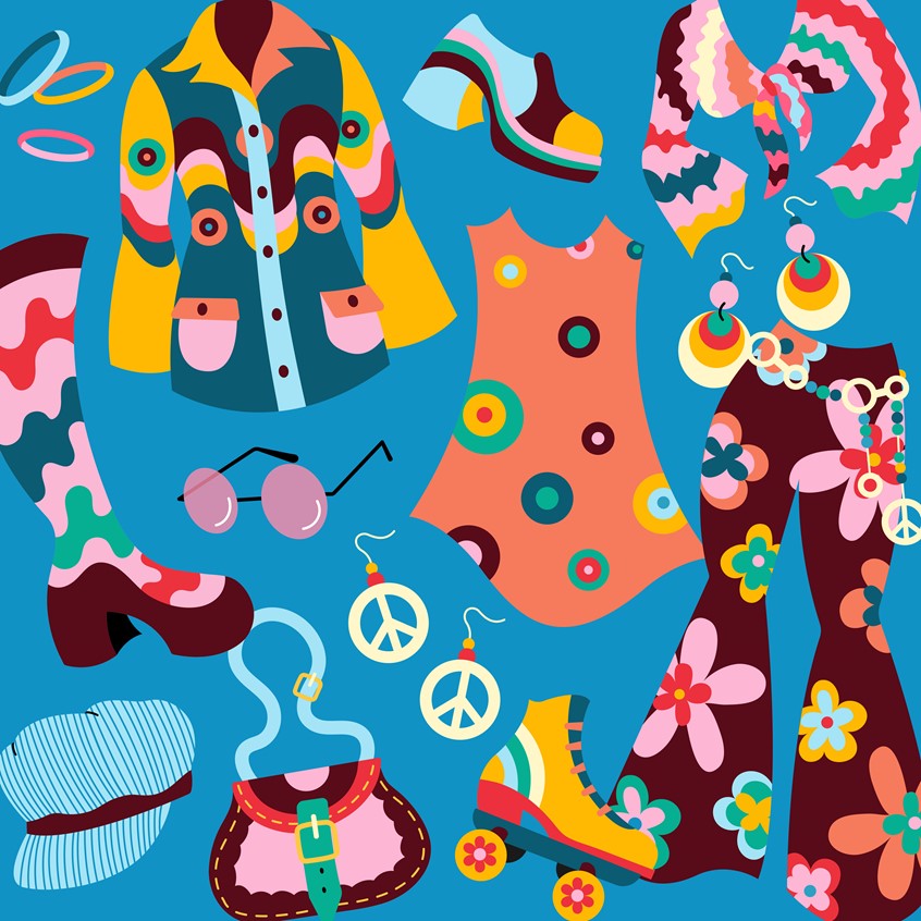 illustration of Retro style editorial illustration for AARP. Retro, 70's, 80's, 90's, 2000's, throwback, fashion, beauty, funky, pattern, clothing, accessories, women, feminine