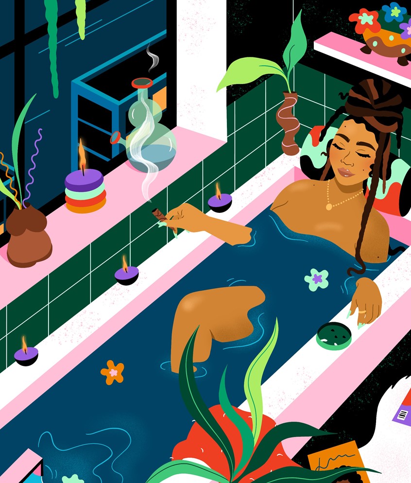 illustration of Woman relaxing in bathtub by the window, surrounded by tropical foliage. Black woman, interior, bathtub, floral, botanical, tropical, plants, smoking, home decor, good vibes, digital illustration, vector art, flat, character illustration