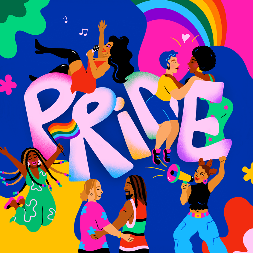illustration of Typography and illustration graphic in celebration of Pride Month. Character illustration, lettering, bright colors, character art, pop art, rainbows, pride, gay pride, happy, celebration, dancing, love, singing, decorative, digital art, vector