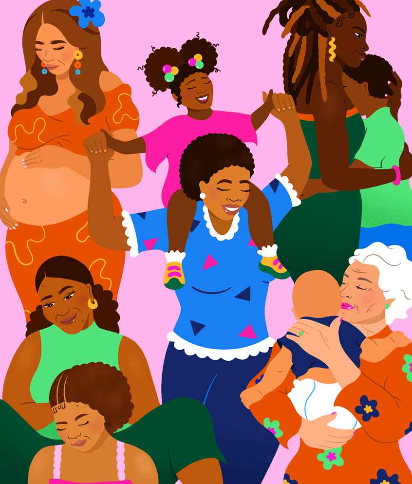 illustration of Illustration collage of mothers in celebration of mother's day. Mother, mom, woman, pregnant woman, characters, character illustration, grandma, baby, kids, children, family, character art, people