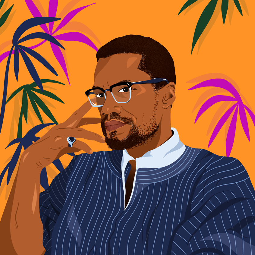 illustration of Portrait illustration of Malcolm X. History, black art, black history, portrait, people, man, celebrity, person, tropical, stylized, digital art, illustration, portrait art, face, black history month, famous, fashion, stylish, beauty, decorative, pop art