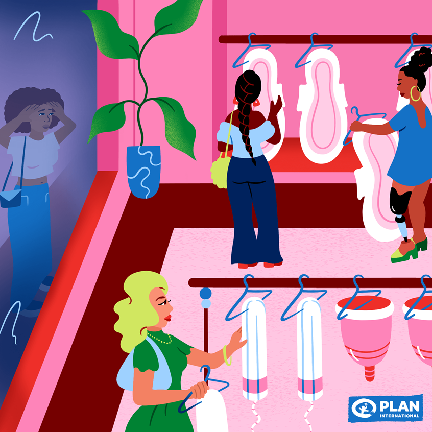 illustration of Conceptual advertising illustration for Plan International showcasing statistics for period poverty for Menstrual Health Day. Women, Period products, menstrual health, women's health, shopping, pads, tampons, health, conceptual, concept art, characters, character illustration