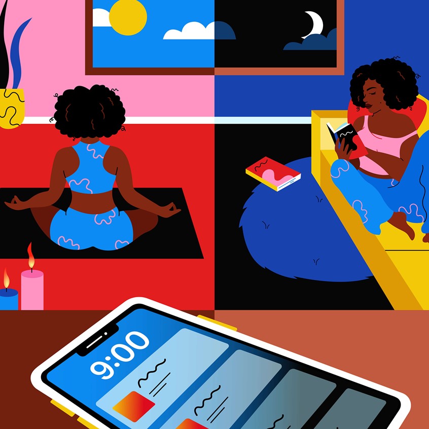 illustration of Conceptual editorial illustration for AARP showcasing things you can do instead of using social media on your phone. Black woman, lifestyle, yoga, interior, daily life, reading, digital art, illustration, character art, conceptual, concept art