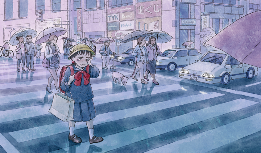 illustration of A double-page spread from a children's picture book about an elementary school girl who becomes separated from her grandma while taking a busy train.
street crossing, Japan, crowd, raining, little girl, crying, cars stopped