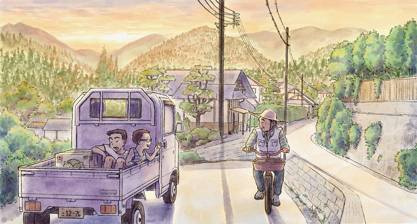 illustration of A double-page spread from a children's picture book about two brothers living on a cabbage farm.
rural Japan, farmland, sunrise, mountain landscape, truck, bicycle
