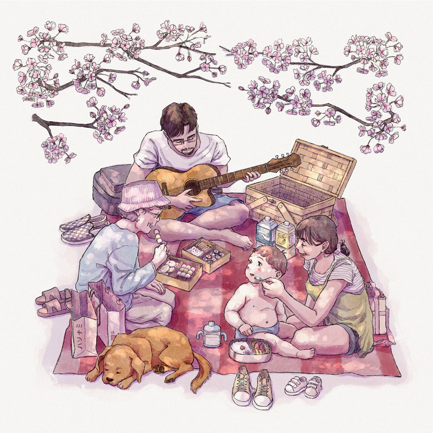 illustration of A Japanese hanami scene depicting a family enjoying a picnic under a blossoming sakura tree.
family picnic, cherry blossom tree, Japan, baby, grandma, mother, father, playing guitar, dog