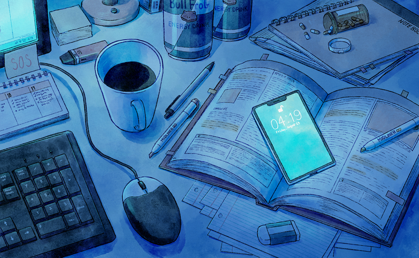illustration of An illustration of the messy desk of a busy university student. It's 4:19 AM and they are staying up late to finish their schoolwork. Energy drink cans, coffee, Adderall pills, and a vape pen are among the many things on their desk.
messy desk, university student, study, stressed, coffee, energy drink, phone glowing, late night,